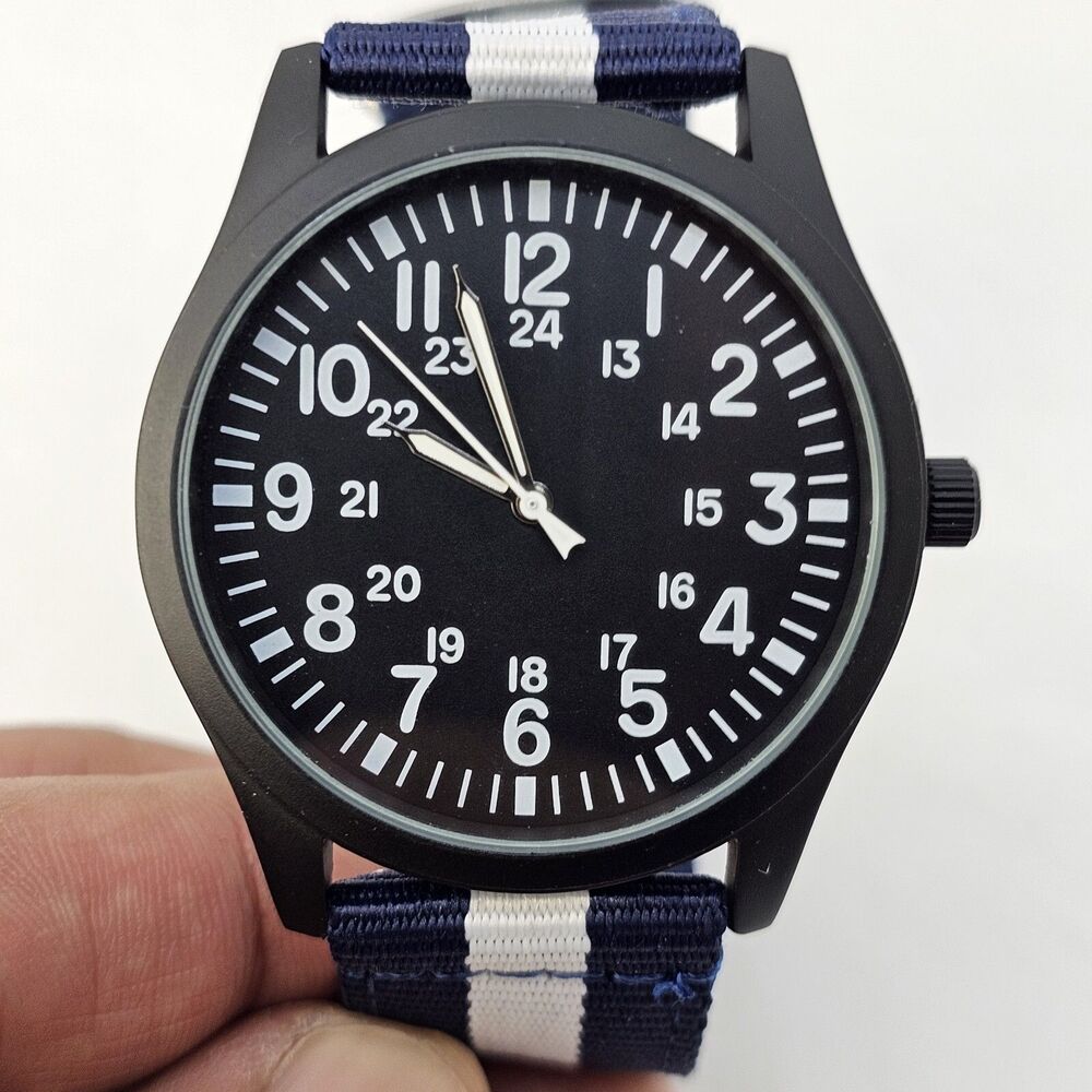 Men's Field Watch 42MM Black Case Black‎ Dial Blue White Canvas Band Straps